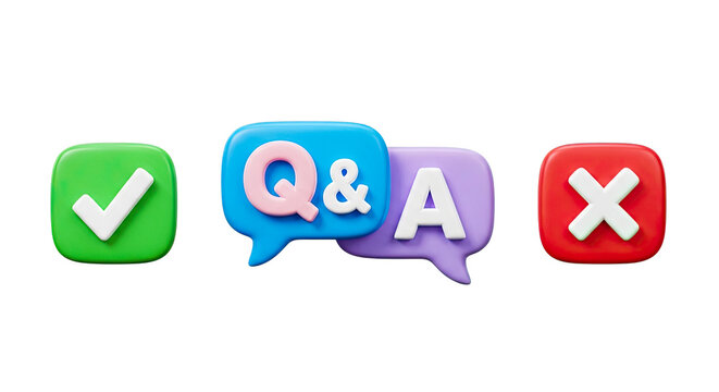 Set of 3d rendered icons featuring a green checkmark, Q&A chat bubbles, and a red cross mark on transparent background