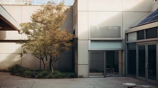 Contemporary courtyard blending modern architecture and sustainable design with solar ready facades, a shaded tree, lush groundcover and wooden benches for peaceful outdoor respite
