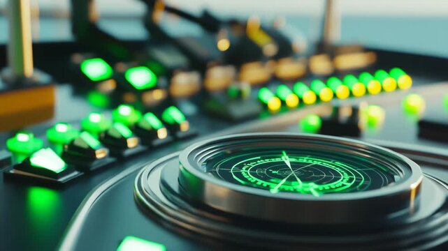 Modern maritime control panel featuring a glowing green radar display indicating navigation paths, surrounded by illuminated buttons and indicators on a ship's bridge dashboard