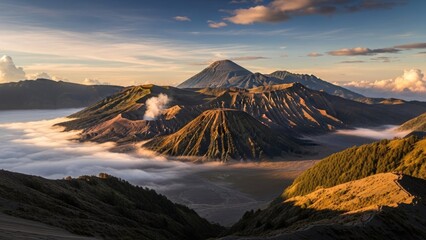 Fototapeta premium A breathtaking mountain landscape with clouds and fog at sunrise