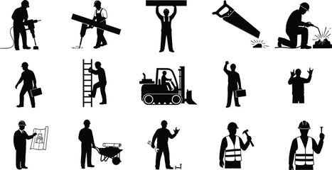 Obraz premium Construction workers engaged in various activities silhouette