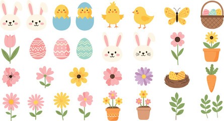 Cute Easter spring collection with bunnies chicks decorated eggs flowers and basket vector illustration set © sahajahan