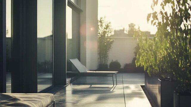 Exterior view of a luxurious apartment rooftop terrace featuring sleek outdoor furniture, comfortable daybeds, and green potted plants, bathed in soft golden hour sunlight