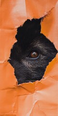 Dog eye peeping through torn orange paper