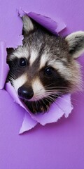 Raccoon face exploring torn purple paper hole