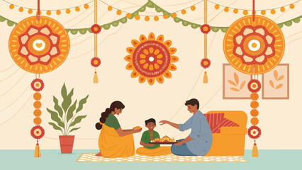Obraz premium Illustration of a happy Indian family celebrating a festival with offerings and decorations, depicting togetherness and cultural joy.