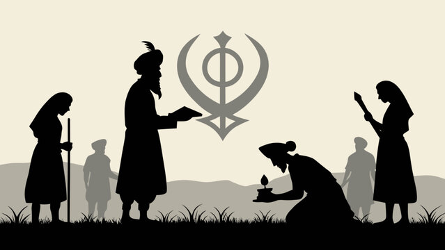 Silhouette of Sikh individuals gathering, with a prominent Khanda symbol and a candle lit, symbolizing Sikhism and devotion.