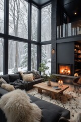 Fototapeta premium Nordic cabin living room with forest view: floor-to-ceiling windows, steel fireplace, sheepskin throws, soft lights. A warm winter retreat.
