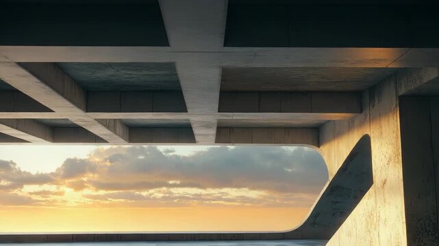 Modern concrete structure creating an empty architectural space with a horizontal beam ceiling and a smooth floor, reflecting the warm orange and grey clouds of an evening sky at sunset