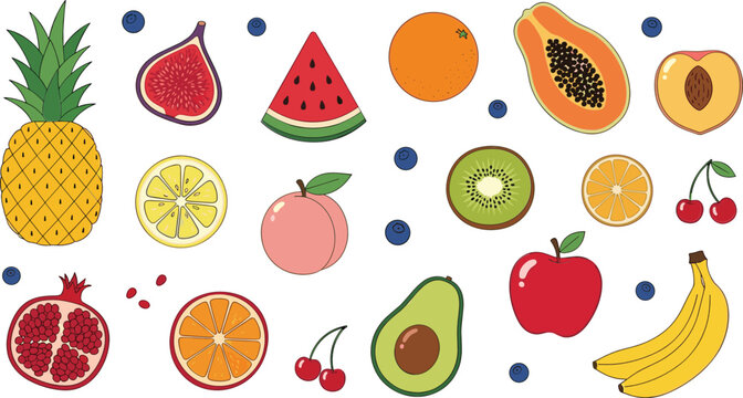 Fresh colorful fruit collection with pineapple watermelon kiwi papaya apple banana vector illustration set