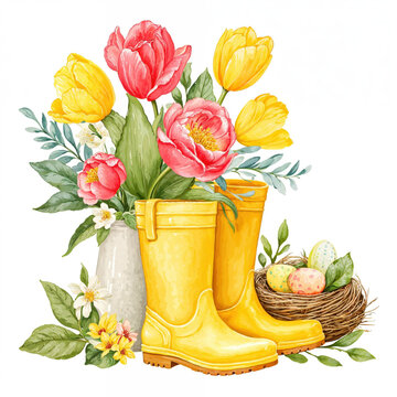 Yellow Rain Boot With Tulip Bouquet and Nest With Pastel Egg,  Isolated on a White Background.	
 