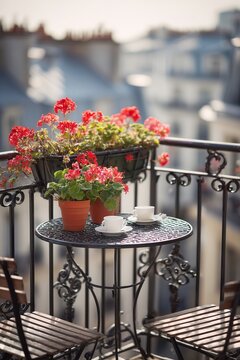 A narrow balcony with wrought iron railing holds a tiny round table set for two with coffee cups and potted geraniums. Rooftops stretch in soft blur beyond the rail in spring sunlight.