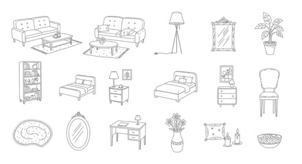Line drawing of various household furniture items arranged in a grid pattern © MMHS_STUDIO