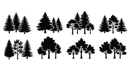 Black silhouette collection of various tree types arranged in two rows © MMHS_STUDIO