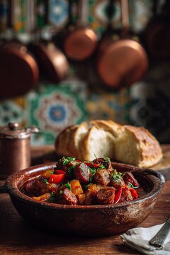 Rustic bowl of chorizo and roasted pepper stew served with crusty bread, under warm kitchen lighting. Traditional comfort dish with Spanish influences and cozy interior vibe.