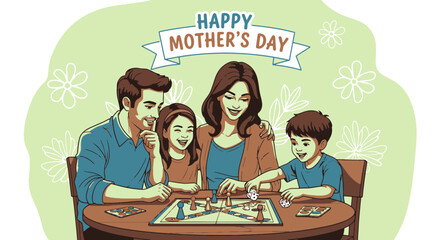 Joyful Family Playing Board Game Together on Mothers Day Celebrating Love and Togetherness with Cheerful Expressions