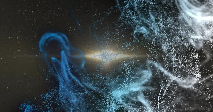 Blue ribbons and white dust drifting toward rising gold core gathering forming band for core growth