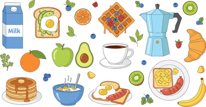 Healthy breakfast food collection with coffee waffles eggs fruit milk and croissant vector illustration set
