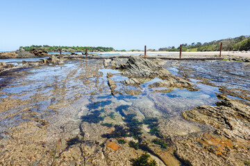 Flat rock and pools exposed by low tide at one end New Zealand beach a secluded scenic beach named after country of origin of early goldminers.