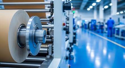 Fototapeta premium Large paper rolls on industrial machinery, a person is in the distant factory background
