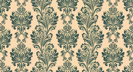 Fototapeta premium Elegant Seamless Teal Damask Pattern with Cream Ornamental Baroque Floral Details