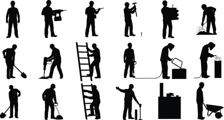 Fototapeta premium Silhouette of various construction workers performing tasks
