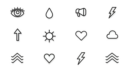 Modern Minimalist Line Icons Set for UI/UX Design. Simple outline symbols including eye, water drop, megaphone, lightning, up arrow, sun, heart, cloud, and waves.