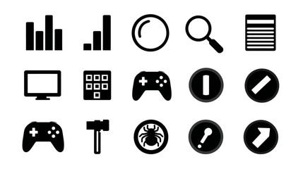 Vector icon set featuring technology, gaming, data, and user interface symbols for web design and applications