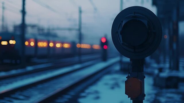 Red signal light illuminated at a railway station, warning approaching trains on tracks covered with snow during a cold winter evening with bokeh lights in the background
