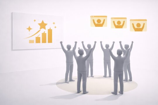 Minimal 3D illustration of six professionals standing in a circle with raised arms, facing a board with a rising bar chart and star, symbolizing business growth, success, and team achievement.