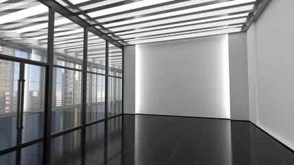 Empty large room with glass interior wall overlooking the hall and modern high-rise buildings, black glossy floor and doors, illuminated wall. 3d illustration © Wire_man