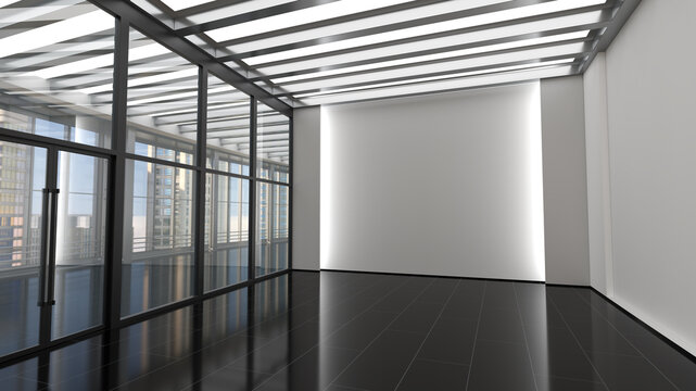 Empty large room with glass interior wall overlooking the hall and modern high-rise buildings, black glossy floor and doors, illuminated wall. 3d illustration