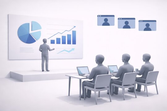 Minimal 3D illustration of a presenter explaining pie and bar charts on a large screen to attendees using laptops, with virtual profile windows above, symbolizing data analysis and collaboration.