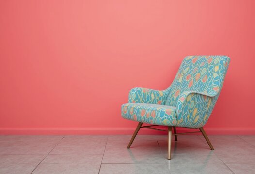 Sill&oacute;n retro con tapizado con estampado geom&eacute;trico frente a una pared de color rosa coral intenso