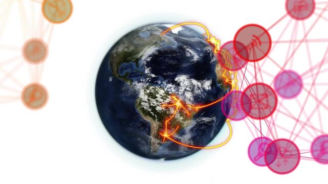 Globe rotating while right node cluster pulsing and emitting glowing arcs to show outbound network