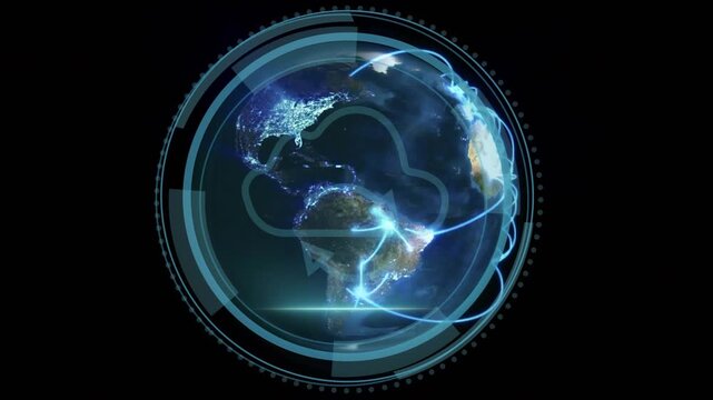 Shield appearing, rotating globe showing HUD and cloud sync, tracing arcs to show cyber security