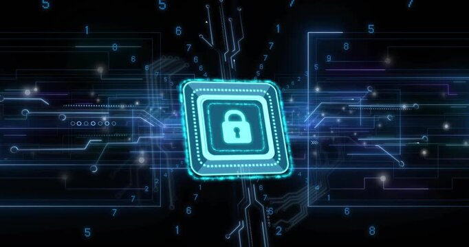 Rotating teal chip pulsing and aligning while sending glowing traces and numerals securing network