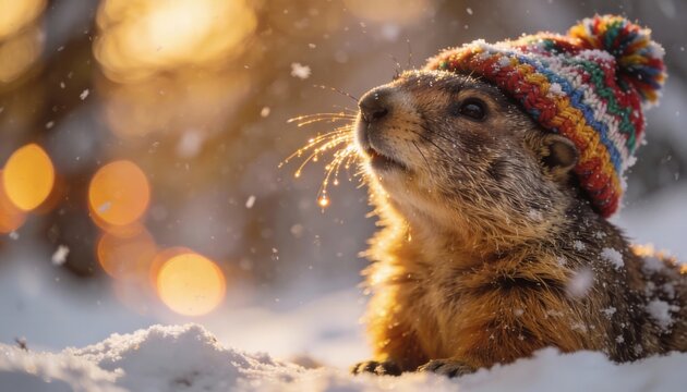 Cute groundhog wearing a colorful knit hat in the snow. Funny woodchuck portrait looking up during winter sunset. Groundhog Day concept