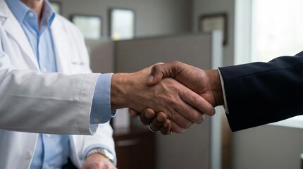 Fototapeta premium Doctor in white coat shaking hands with business professional in dark suit, diverse partnership symbolizing healthcare collaboration