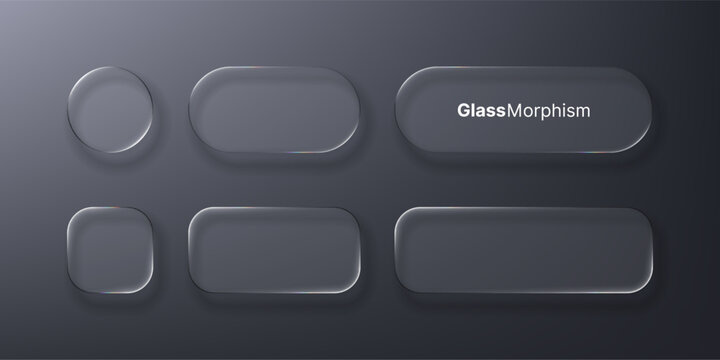 Various transparent glass morphism shapes on dark background with reflection. Modern glass effect ui design element for web application.