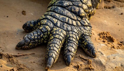 Fototapeta premium Close-up of a Crocodiles Foot on Sandy Ground.