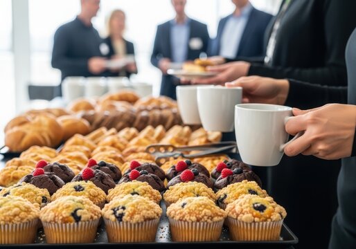 Catering spread of muffins and pastries with people holding coffee cups