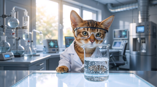 Curious kitten scientist wearing safety goggles in a laboratory. Funny cat researcher doing chemistry experiment