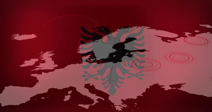Albanian eagle emblem fading in over map, causing pulsing target rings highlighting Balkans