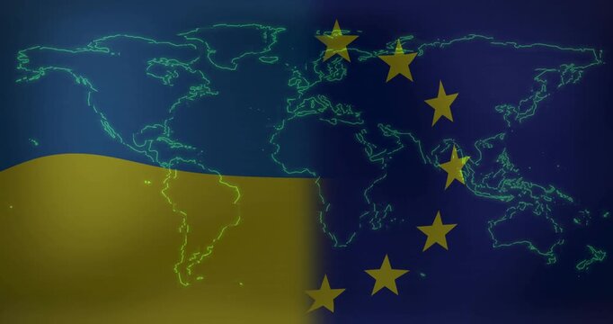 Composite flag and star graphic shifting seam bulging yellow band shimmering stars pulsing neon map