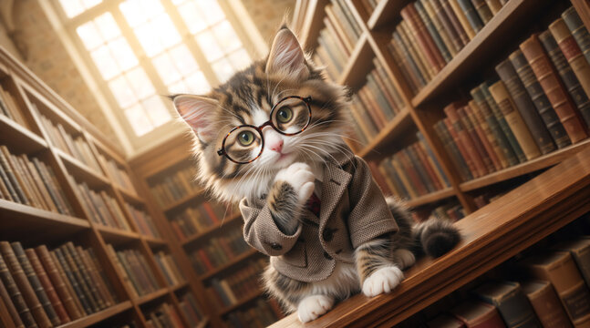 Smart cat dressed as a professor wearing glasses in a library. Education and reading concept