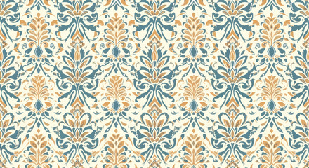 Fototapeta premium Traditional Floral Damask Ornament in Sophisticated Teal and Ivory Palette