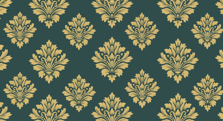 Ornate Teal Damask Background with Cream Symmetrical Decorative Accents © Damask