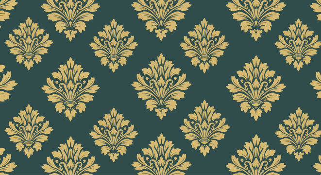 Ornate Teal Damask Background with Cream Symmetrical Decorative Accents