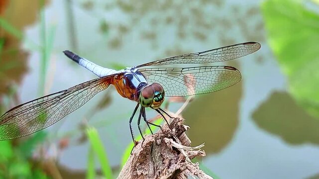dragonfly perched on a branch from close range	
